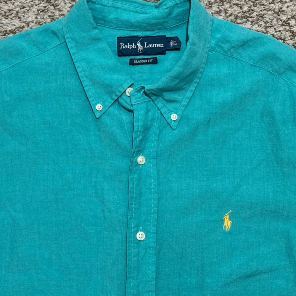 Vintage Ralph Lauren Linen Silk Teal Button-Down Shirt Yellow Pony Size Large